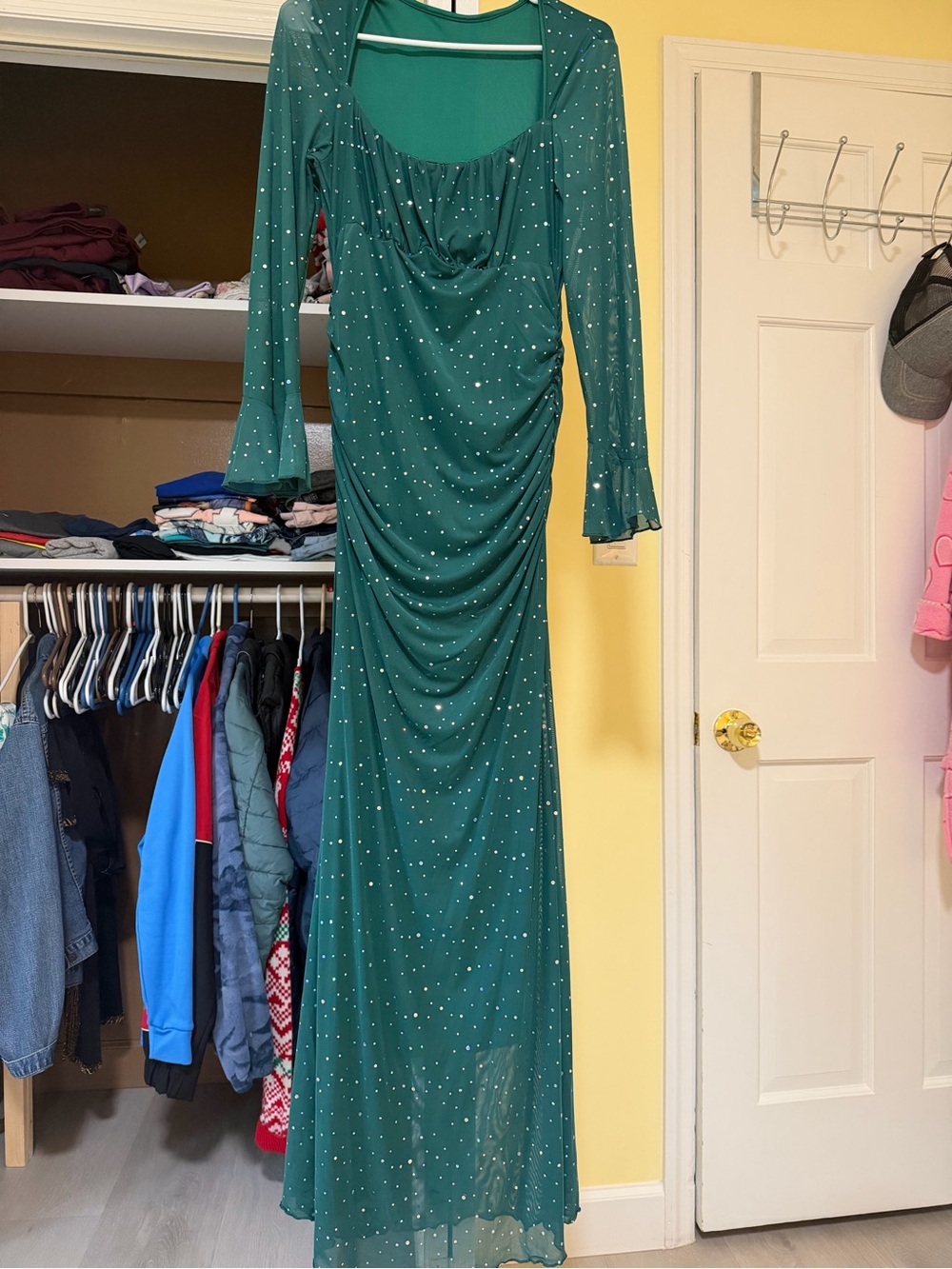 SHEIN Teal Green Long Sleeve Ruched Evening Gown with Sparkle